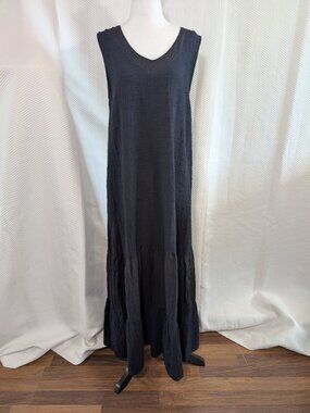 Francesca Bettini 100% Linen V‑Neck Tiered Midi Dress Dark Navy Size Small Boho